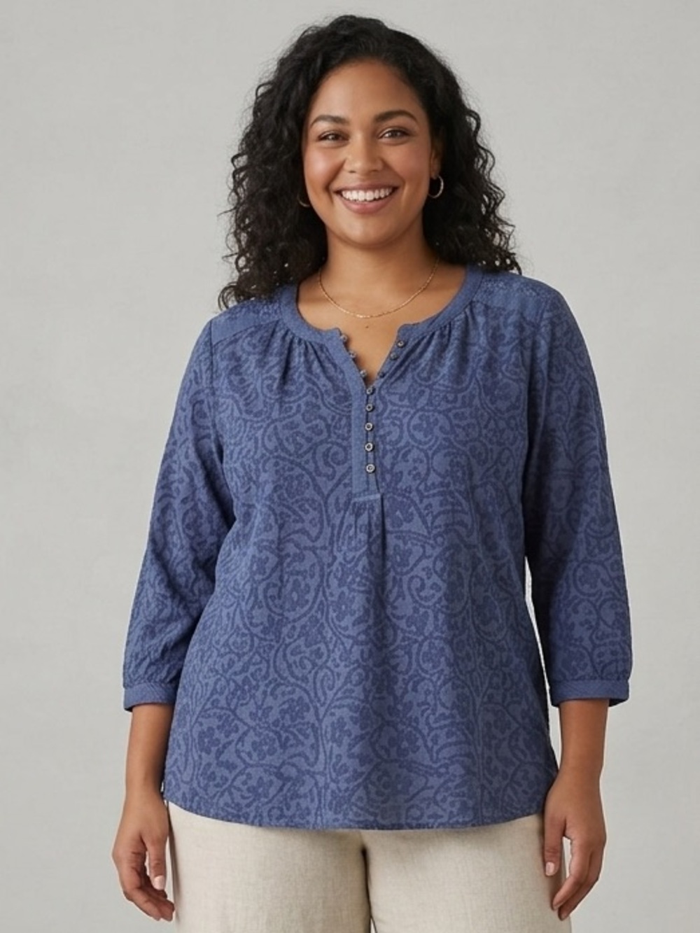 Lucky Brand Indigo Blue Printed Henley Tunic